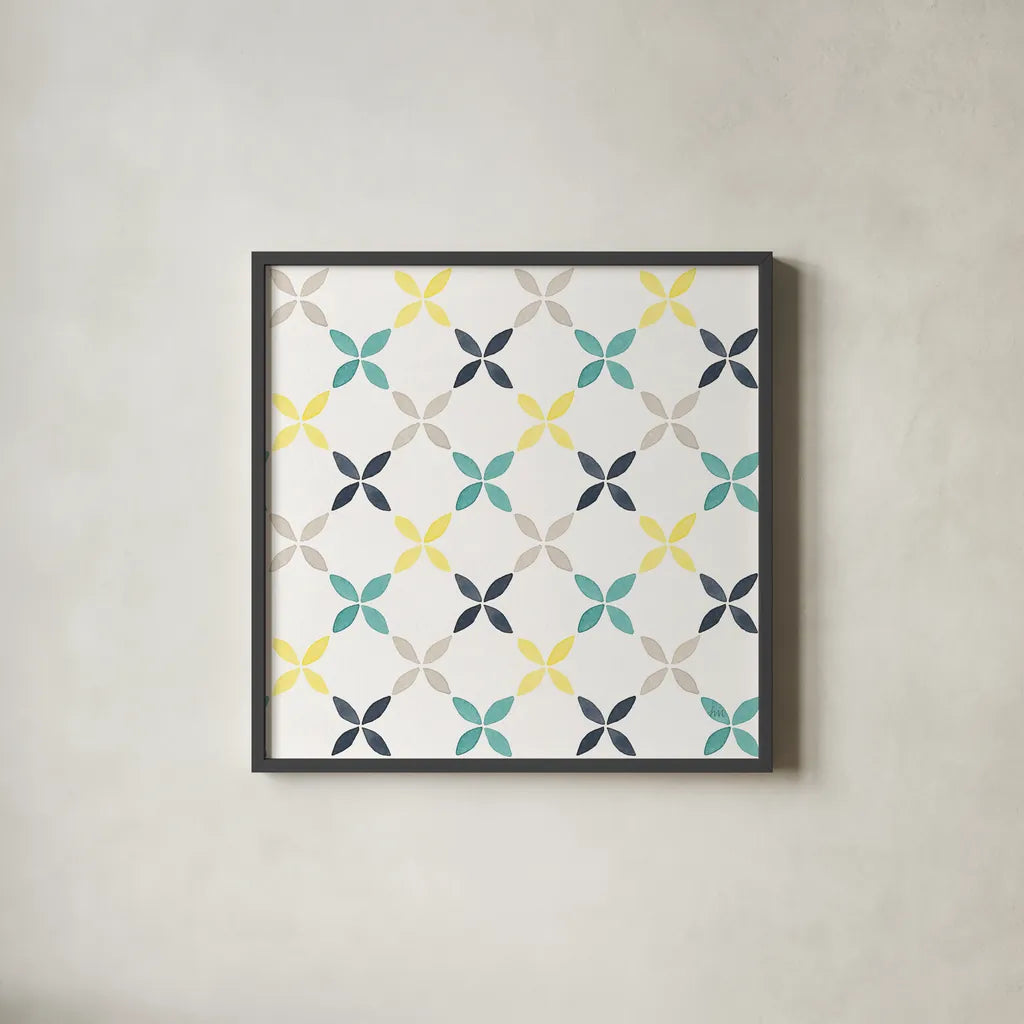 Garden Getaway Pattern IIA by Laura Marshall. Shown in a sleek black glass frame for a contemporary gallery look. Available as an archival giclee rolled canvas, fine art paper, or poster print. SKU 35723a.