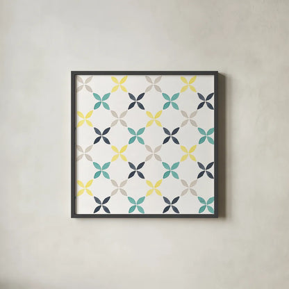 Garden Getaway Pattern IIA by Laura Marshall. Shown in a sleek black glass frame for a contemporary gallery look. Available as an archival giclee rolled canvas, fine art paper, or poster print. SKU 35723a.