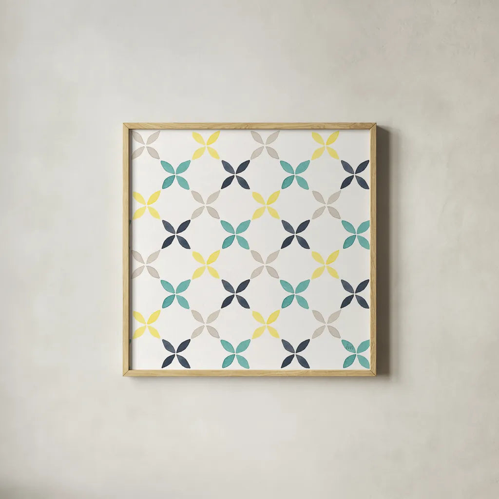 Garden Getaway Pattern IIA by Laura Marshall. Shown in a natural wood glass frame for a timeless modern aesthetic. Available as an archival giclee rolled canvas, fine art paper, or poster print. SKU 35723a.