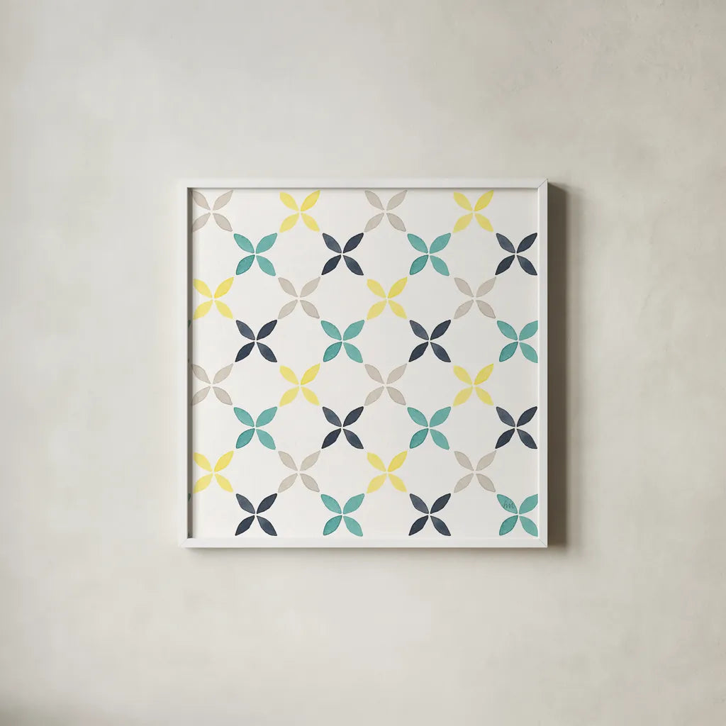 Garden Getaway Pattern IIA by Laura Marshall. Shown in a crisp white glass frame for a clean and minimalist style. Available as an archival giclee rolled canvas, fine art paper, or poster print. SKU 35723a.