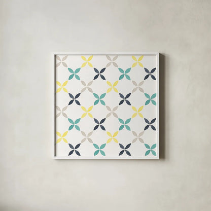 Garden Getaway Pattern IIA by Laura Marshall. Shown in a crisp white glass frame for a clean and minimalist style. Available as an archival giclee rolled canvas, fine art paper, or poster print. SKU 35723a.