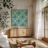 Garden Getaway Pattern IID by Laura Marshall. Shown in a natural wood frame in a cozy modern living room. Available as an archival giclee rolled canvas, fine art paper, or poster print. SKU 35724a.
