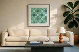 Garden Getaway Pattern IID by Laura Marshall. Displayed in a glass frame with matte in a clean modern living room. Available as an archival giclee rolled canvas, fine art paper, or poster print. SKU 35724a.