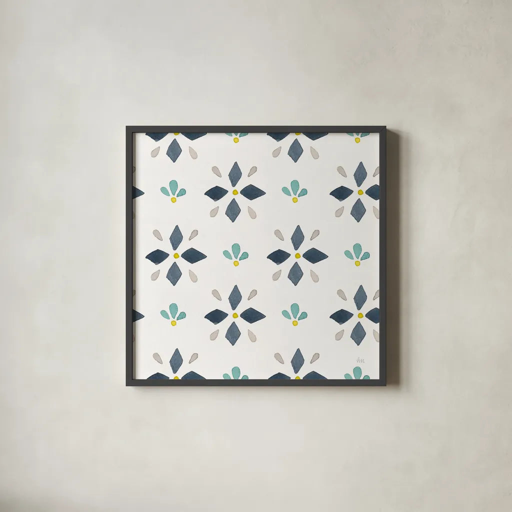 Garden Getaway Pattern VA by Laura Marshall. Shown in a sleek black glass frame for a contemporary gallery look. Available as an archival giclee rolled canvas, fine art paper, or poster print. SKU 35725a.