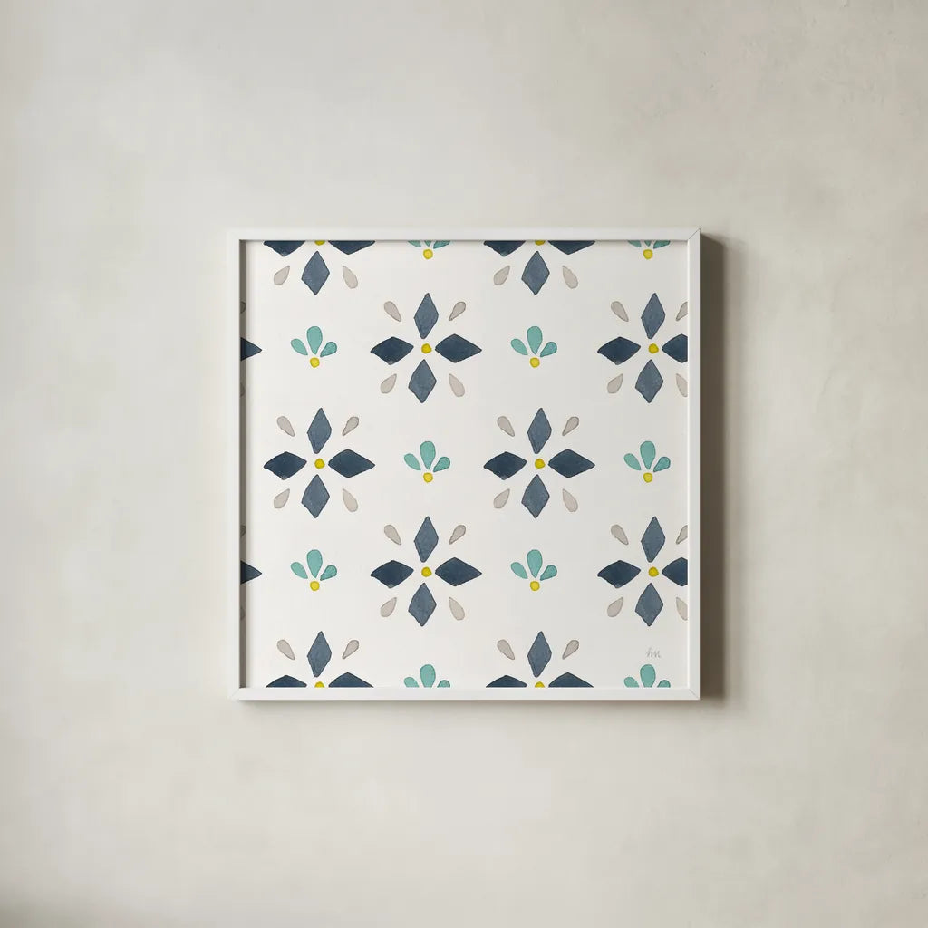Garden Getaway Pattern VA by Laura Marshall. Shown in a crisp white glass frame for a clean and minimalist style. Available as an archival giclee rolled canvas, fine art paper, or poster print. SKU 35725a.
