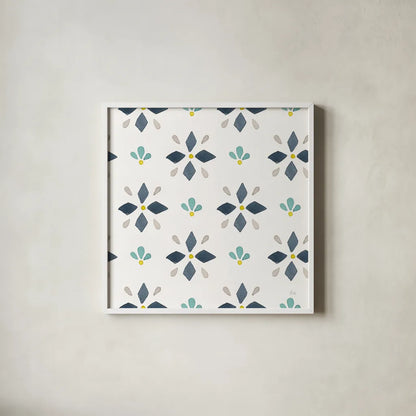 Garden Getaway Pattern VA by Laura Marshall. Shown in a crisp white glass frame for a clean and minimalist style. Available as an archival giclee rolled canvas, fine art paper, or poster print. SKU 35725a.
