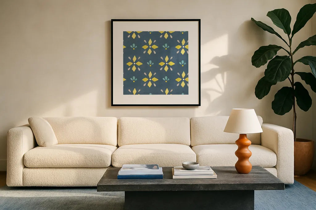 Garden Getaway Pattern VB by Laura Marshall. Displayed in a glass frame with matte in a clean modern living room. Available as an archival giclee rolled canvas, fine art paper, or poster print. SKU 35726a.