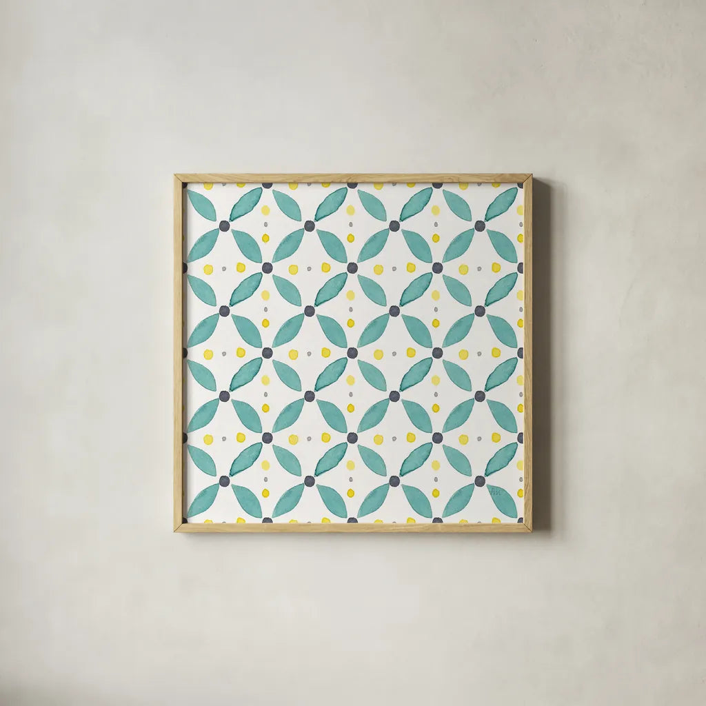Garden Getaway Pattern XA by Laura Marshall. Shown in a natural wood glass frame for a timeless modern aesthetic. Available as an archival giclee rolled canvas, fine art paper, or poster print. SKU 35727a.