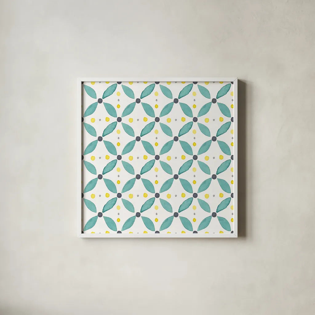 Garden Getaway Pattern XA by Laura Marshall. Shown in a crisp white glass frame for a clean and minimalist style. Available as an archival giclee rolled canvas, fine art paper, or poster print. SKU 35727a.