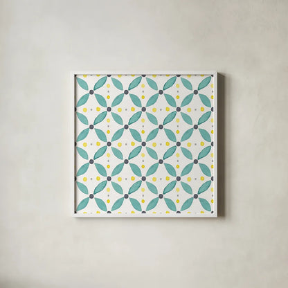 Garden Getaway Pattern XA by Laura Marshall. Shown in a crisp white glass frame for a clean and minimalist style. Available as an archival giclee rolled canvas, fine art paper, or poster print. SKU 35727a.