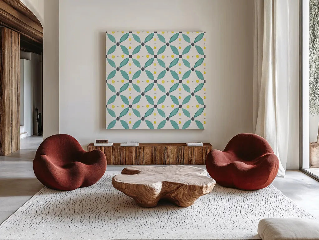Garden Getaway Pattern XA by Laura Marshall. Shown as extra-large giant wall art in a modern living room. Available as an archival giclee rolled canvas, fine art paper, or poster print. SKU 35727a.