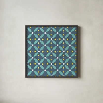 Garden Getaway Pattern XB by Laura Marshall. Shown in a sleek black glass frame for a contemporary gallery look. Available as an archival giclee rolled canvas, fine art paper, or poster print. SKU 35728a.