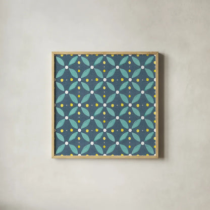Garden Getaway Pattern XB by Laura Marshall. Shown in a natural wood glass frame for a timeless modern aesthetic. Available as an archival giclee rolled canvas, fine art paper, or poster print. SKU 35728a.