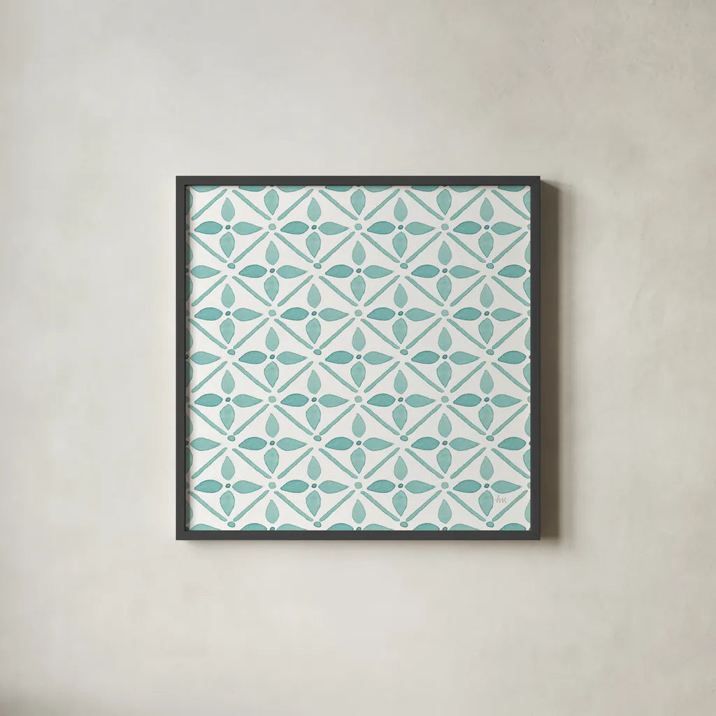 Garden Getaway Pattern XIIA by Laura Marshall. Shown in a sleek black glass frame for a contemporary gallery look. Available as an archival giclee rolled canvas, fine art paper, or poster print. SKU 35729a.