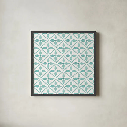 Garden Getaway Pattern XIIA by Laura Marshall. Shown in a sleek black glass frame for a contemporary gallery look. Available as an archival giclee rolled canvas, fine art paper, or poster print. SKU 35729a.