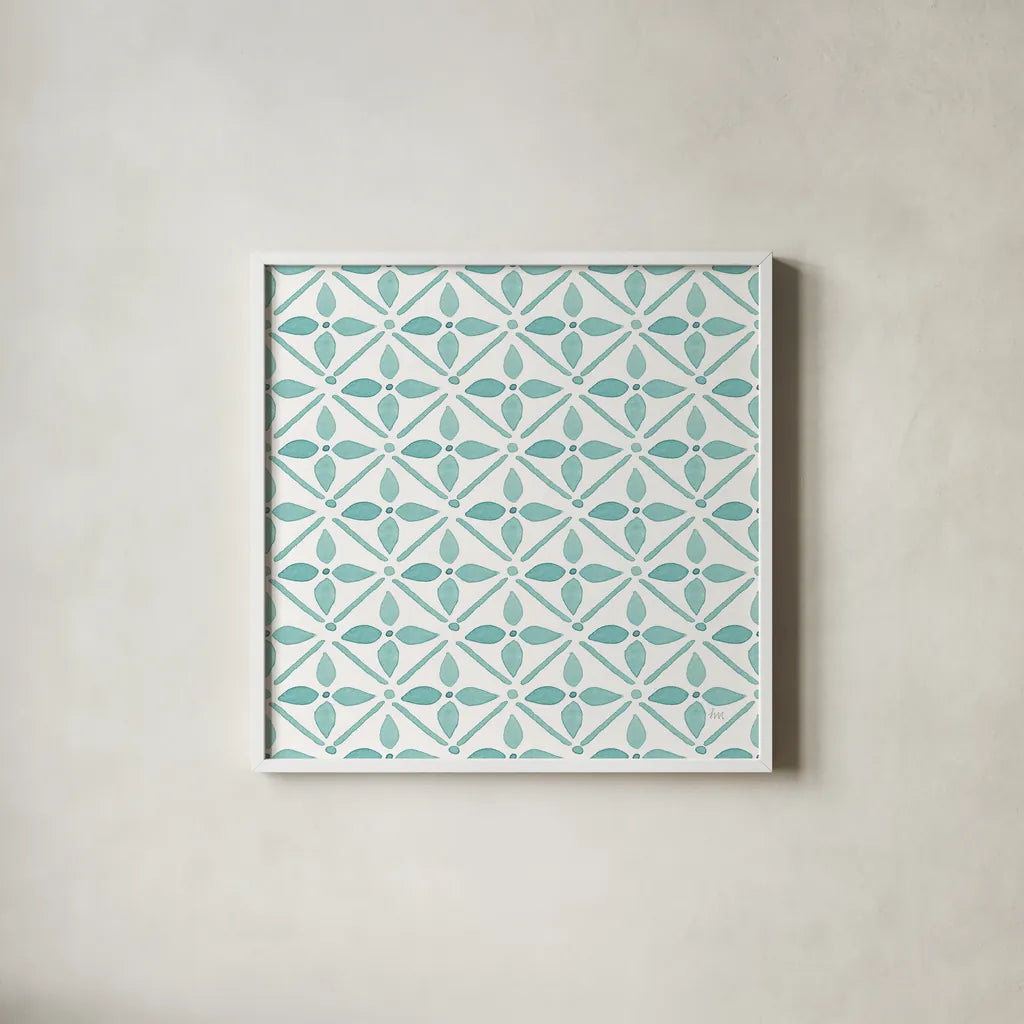 Garden Getaway Pattern XIIA by Laura Marshall. Shown in a crisp white glass frame for a clean and minimalist style. Available as an archival giclee rolled canvas, fine art paper, or poster print. SKU 35729a.