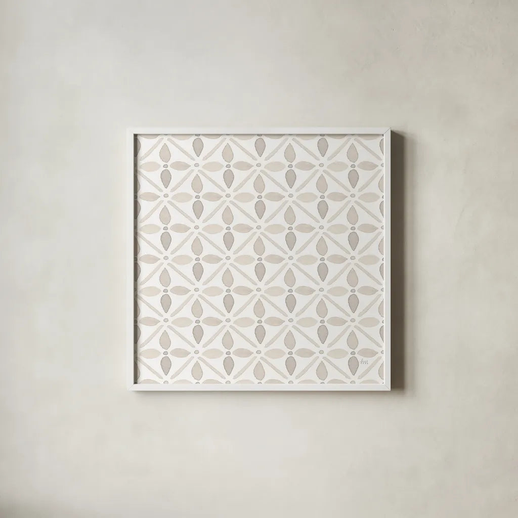 Garden Getaway Pattern XIIB by Laura Marshall. Shown in a crisp white glass frame for a clean and minimalist style. Available as an archival giclee rolled canvas, fine art paper, or poster print. SKU 35730a.