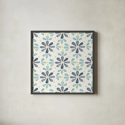 Garden Getaway Pattern XIII by Laura Marshall. Shown in a sleek black glass frame for a contemporary gallery look. Available as an archival giclee rolled canvas, fine art paper, or poster print. SKU 35731a.