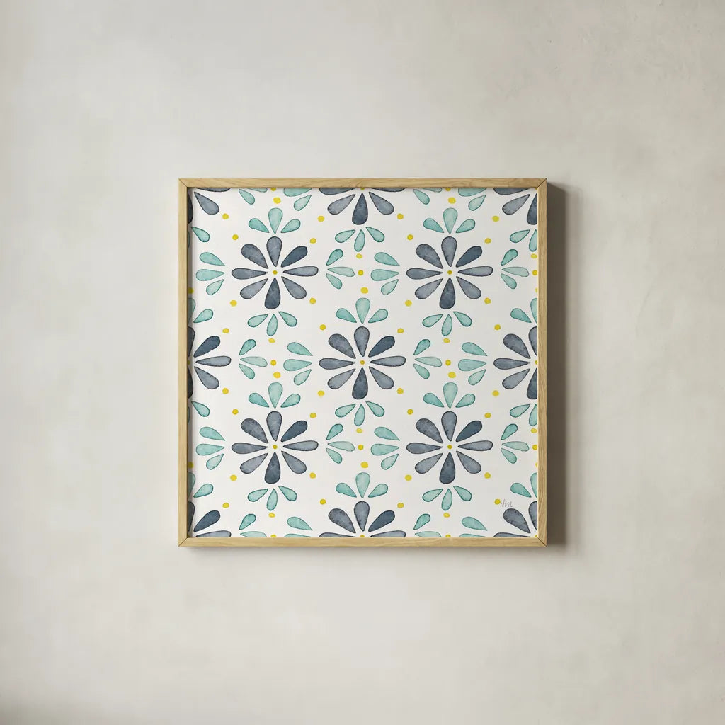 Garden Getaway Pattern XIII by Laura Marshall. Shown in a natural wood glass frame for a timeless modern aesthetic. Available as an archival giclee rolled canvas, fine art paper, or poster print. SKU 35731a.