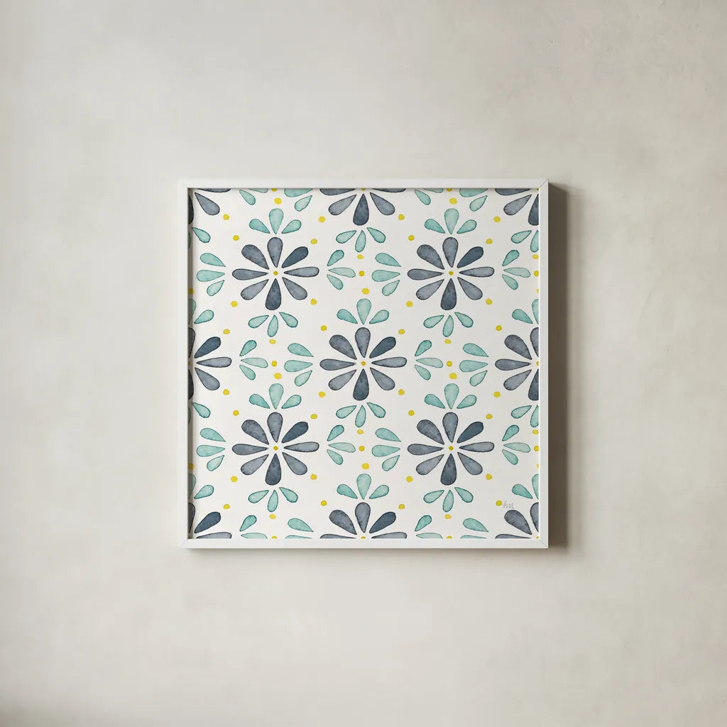 Garden Getaway Pattern XIII by Laura Marshall. Shown in a crisp white glass frame for a clean and minimalist style. Available as an archival giclee rolled canvas, fine art paper, or poster print. SKU 35731a.
