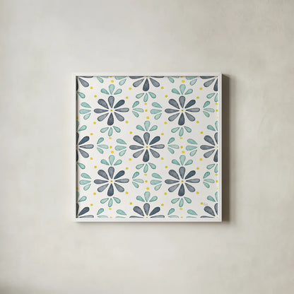 Garden Getaway Pattern XIII by Laura Marshall. Shown in a crisp white glass frame for a clean and minimalist style. Available as an archival giclee rolled canvas, fine art paper, or poster print. SKU 35731a.