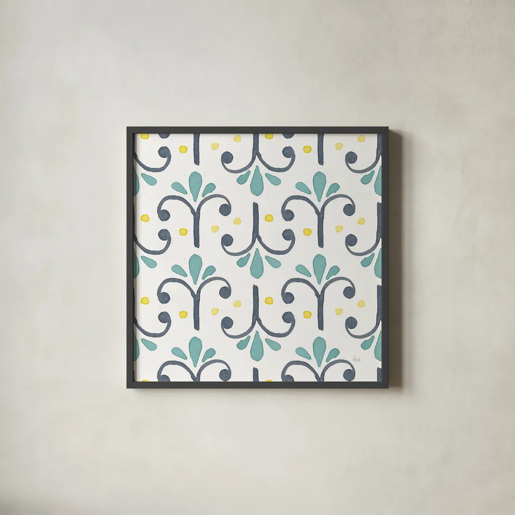 Garden Getaway Pattern XIV by Laura Marshall. Shown in a sleek black glass frame for a contemporary gallery look. Available as an archival giclee rolled canvas, fine art paper, or poster print. SKU 35732a.