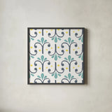 Garden Getaway Pattern XIV by Laura Marshall. Shown in a sleek black glass frame for a contemporary gallery look. Available as an archival giclee rolled canvas, fine art paper, or poster print. SKU 35732a.