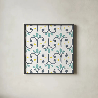 Garden Getaway Pattern XIV by Laura Marshall. Shown in a sleek black glass frame for a contemporary gallery look. Available as an archival giclee rolled canvas, fine art paper, or poster print. SKU 35732a.