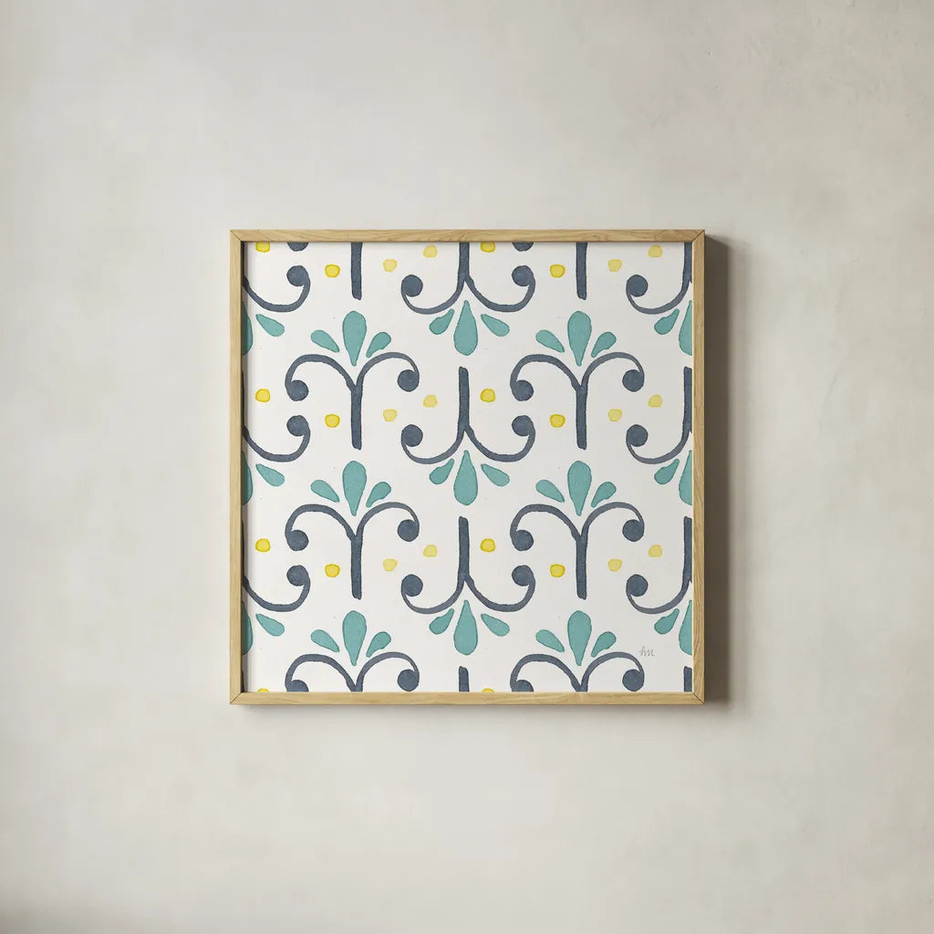 Garden Getaway Pattern XIV by Laura Marshall. Shown in a natural wood glass frame for a timeless modern aesthetic. Available as an archival giclee rolled canvas, fine art paper, or poster print. SKU 35732a.