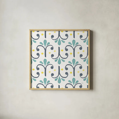 Garden Getaway Pattern XIV by Laura Marshall. Shown in a natural wood glass frame for a timeless modern aesthetic. Available as an archival giclee rolled canvas, fine art paper, or poster print. SKU 35732a.