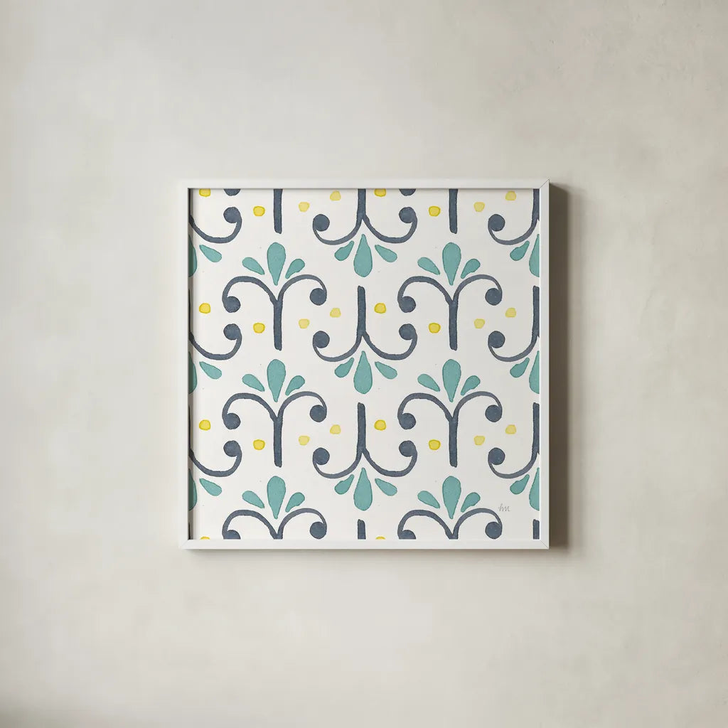 Garden Getaway Pattern XIV by Laura Marshall. Shown in a crisp white glass frame for a clean and minimalist style. Available as an archival giclee rolled canvas, fine art paper, or poster print. SKU 35732a.