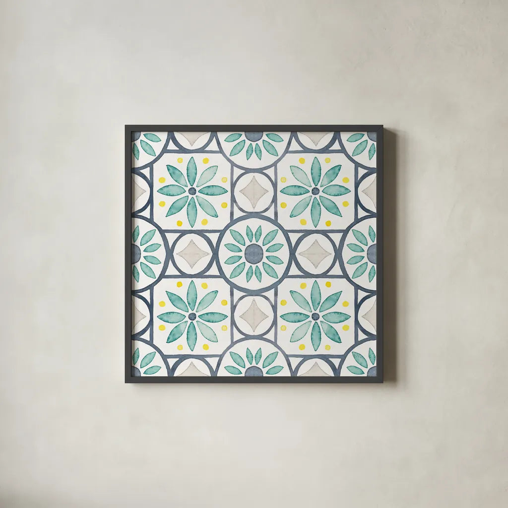 Garden Getaway Pattern XV by Laura Marshall. Shown in a sleek black glass frame for a contemporary gallery look. Available as an archival giclee rolled canvas, fine art paper, or poster print. SKU 35733a.
