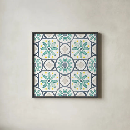 Garden Getaway Pattern XV by Laura Marshall. Shown in a sleek black glass frame for a contemporary gallery look. Available as an archival giclee rolled canvas, fine art paper, or poster print. SKU 35733a.