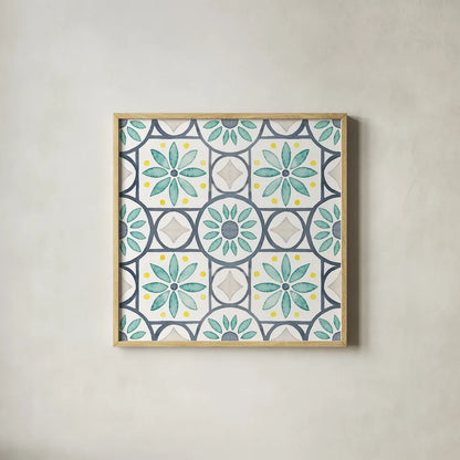 Garden Getaway Pattern XV by Laura Marshall. Shown in a natural wood glass frame for a timeless modern aesthetic. Available as an archival giclee rolled canvas, fine art paper, or poster print. SKU 35733a.