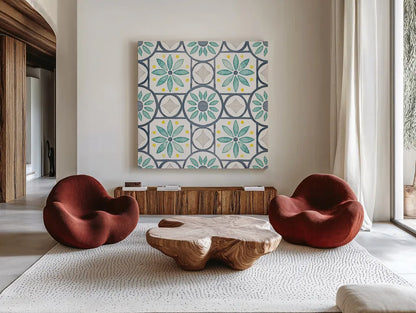 Garden Getaway Pattern XV by Laura Marshall. Shown as extra-large giant wall art in a modern living room. Available as an archival giclee rolled canvas, fine art paper, or poster print. SKU 35733a.