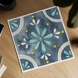 Garden Getaway Tile I Blue by Laura Marshall. Shown as a detailed flat fine art print, highlighting archival giclee quality. Available as an archival giclee rolled canvas, fine art paper, or poster print. SKU 34453a.