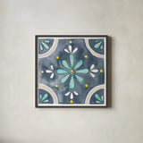 Garden Getaway Tile I Blue by Laura Marshall. Shown in a sleek black glass frame for a contemporary gallery look. Available as an archival giclee rolled canvas, fine art paper, or poster print. SKU 34453a.