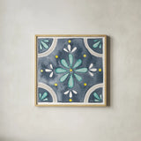 Garden Getaway Tile I Blue by Laura Marshall. Shown in a natural wood glass frame for a timeless modern aesthetic. Available as an archival giclee rolled canvas, fine art paper, or poster print. SKU 34453a.