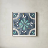 Garden Getaway Tile I Blue by Laura Marshall. Shown in a crisp white glass frame for a clean and minimalist style. Available as an archival giclee rolled canvas, fine art paper, or poster print. SKU 34453a.