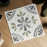 Garden Getaway Tile I Gray Green by Laura Marshall. Shown as a detailed flat fine art print, highlighting archival giclee quality. Available as an archival giclee rolled canvas, fine art paper, or poster print. SKU 56941a.