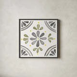 Garden Getaway Tile I Gray Green by Laura Marshall. Shown in a sleek black glass frame for a contemporary gallery look. Available as an archival giclee rolled canvas, fine art paper, or poster print. SKU 56941a.