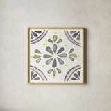 Garden Getaway Tile I Gray Green by Laura Marshall. Shown in a natural wood glass frame for a timeless modern aesthetic. Available as an archival giclee rolled canvas, fine art paper, or poster print. SKU 56941a.