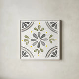 Garden Getaway Tile I Gray Green by Laura Marshall. Shown in a crisp white glass frame for a clean and minimalist style. Available as an archival giclee rolled canvas, fine art paper, or poster print. SKU 56941a.