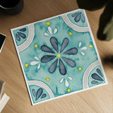 Garden Getaway Tile I Teal by Laura Marshall. Shown as a detailed flat fine art print, highlighting archival giclee quality. Available as an archival giclee rolled canvas, fine art paper, or poster print. SKU 34462a.