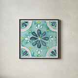 Garden Getaway Tile I Teal by Laura Marshall. Shown in a sleek black glass frame for a contemporary gallery look. Available as an archival giclee rolled canvas, fine art paper, or poster print. SKU 34462a.