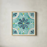 Garden Getaway Tile I Teal by Laura Marshall. Shown in a natural wood glass frame for a timeless modern aesthetic. Available as an archival giclee rolled canvas, fine art paper, or poster print. SKU 34462a.