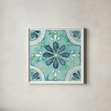 Garden Getaway Tile I Teal by Laura Marshall. Shown in a crisp white glass frame for a clean and minimalist style. Available as an archival giclee rolled canvas, fine art paper, or poster print. SKU 34462a.