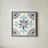 Garden Getaway Tile I White by Laura Marshall. Shown in a sleek black glass frame for a contemporary gallery look. Available as an archival giclee rolled canvas, fine art paper, or poster print. SKU 34471a.