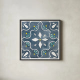 Garden Getaway Tile II Blue by Laura Marshall. Shown in a sleek black glass frame for a contemporary gallery look. Available as an archival giclee rolled canvas, fine art paper, or poster print. SKU 34454a.