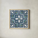 Garden Getaway Tile II Blue by Laura Marshall. Shown in a natural wood glass frame for a timeless modern aesthetic. Available as an archival giclee rolled canvas, fine art paper, or poster print. SKU 34454a.